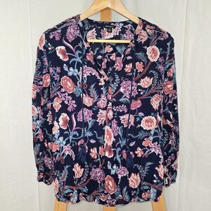 Lucky Brand Womens Floral Popover Blouse Top Size XS Long Sleeve Keyhole Neck